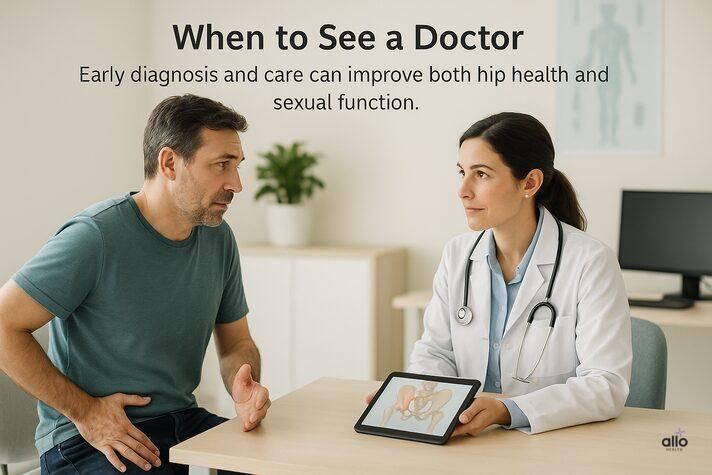 Doctor consulting a male patient about hip pain and erectile dysfunction, emphasizing early diagnosis and care for better hip and sexual health