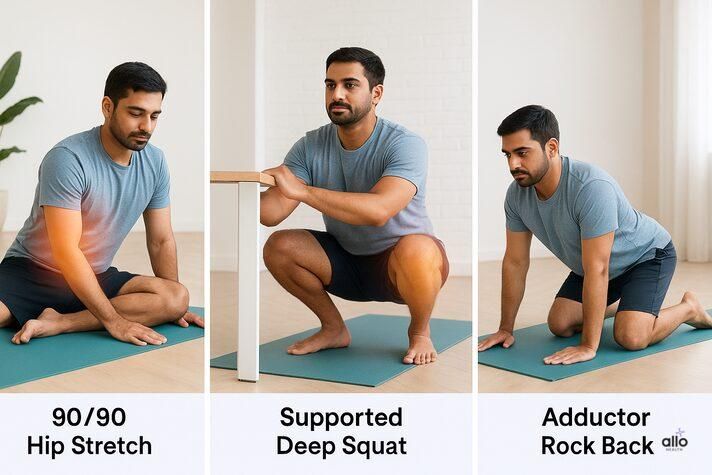 Indian man performing three exercises — 90/90 hip stretch, supported deep squat, and adductor rock back — to improve hip mobility and reduce erectile dysfunction risk.