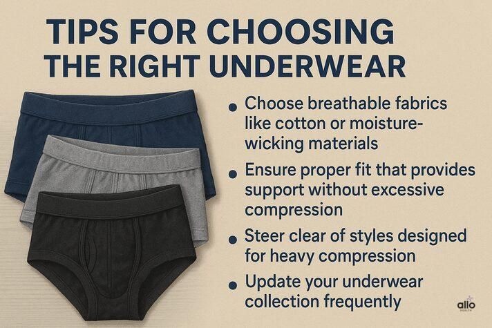 “Infographic showing tips for choosing the right underwear with breathable fabrics and proper fit, explaining that comfort matters but does tight underwear affect erectile dysfunction is a myth.”