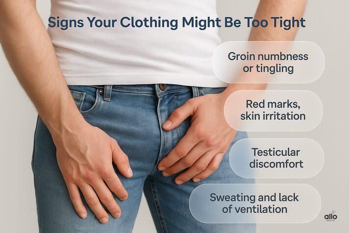 “Realistic image of a man wearing tight jeans with highlighted symptoms like numbness and irritation, illustrating how clothing comfort—not tight underwear—affects sexual health and does tight underwear affect erectile dysfunction concerns.”