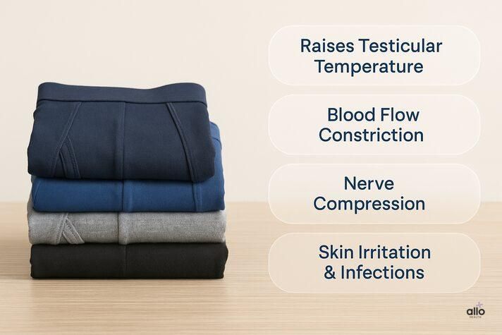 “Stack of folded men’s underwear with text bubbles showing effects like raised testicular temperature and nerve compression, visually answering does tight underwear affect erectile dysfunction.”