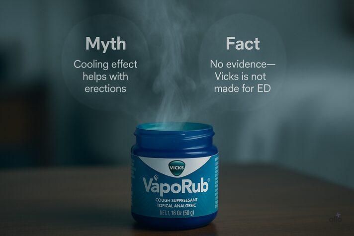 Realistic image showing Vicks Vapor Rub jar with myth and fact about using it for ED — does Vicks Vapor Rub help with erectile dysfunction.