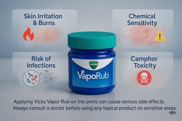 Educational graphic showing risks of using Vicks Vapor Rub on the penis — skin irritation, chemical sensitivity, infection risk, camphor toxicity — does Vicks Vapor Rub help with erectile dysfunction.