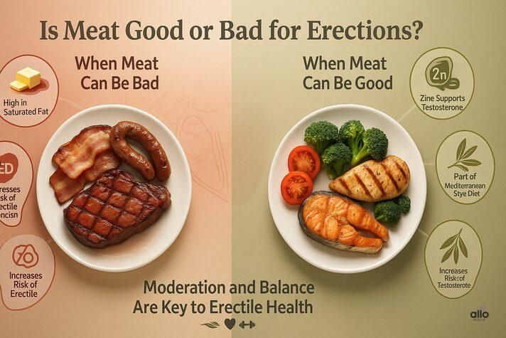 “Infographic comparing how meat affects erections — showing red meat linked to higher erectile dysfunction risk and lean meats like chicken and fish supporting better sexual health.”