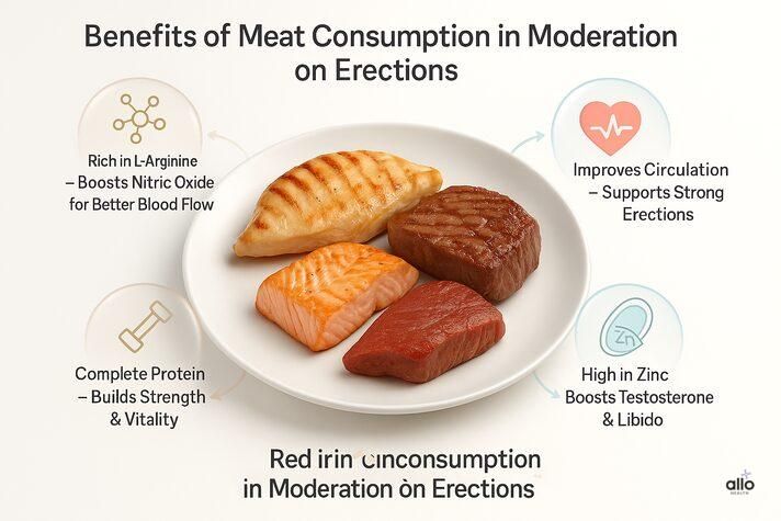 “Visual guide showing benefits of moderate meat consumption on erection health, highlighting L-arginine, zinc, and improved blood flow for stronger erections.”