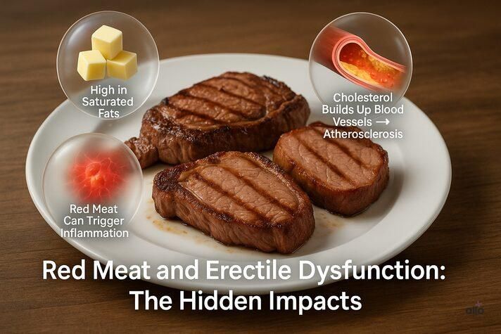“Infographic showing how red meat affects erection health by increasing saturated fats, cholesterol buildup, and inflammation linked to erectile dysfunction.” 