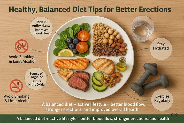 Infographic of a balanced diet plate with lean meats, fish, vegetables, and nuts showing how healthy eating supports better blood flow and stronger erections.”