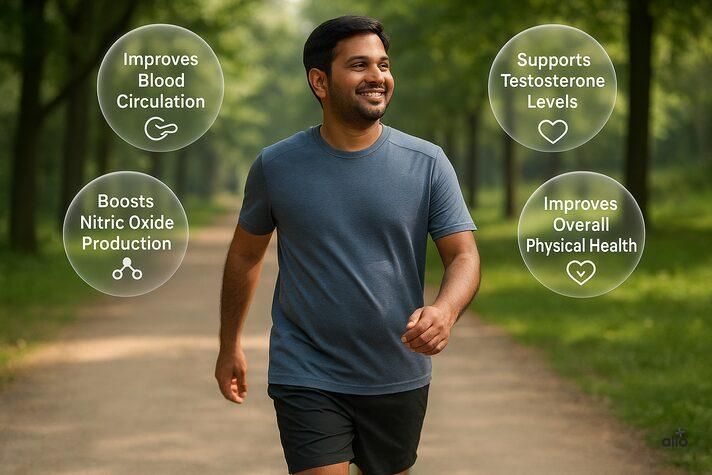 “Indian man walking in a park with transparent bubbles highlighting benefits like improved blood circulation, nitric oxide production, and testosterone — showing how walking helps erectile dysfunction.”