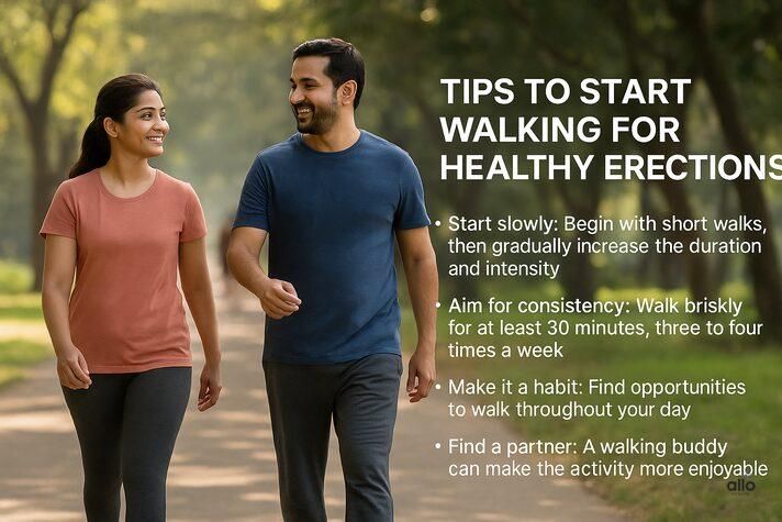 “Indian couple walking briskly together in a park with overlaid tips on starting a walking routine for healthy erections, supporting the link between walking and erectile dysfunction.”