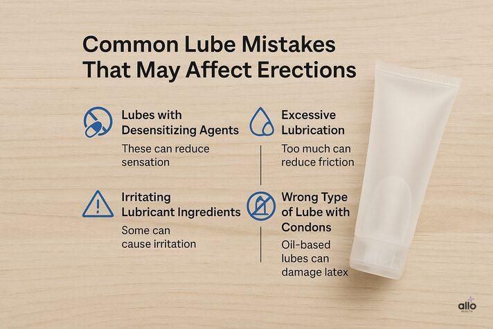 “Infographic explaining common lube mistakes that may affect erections — showing desensitizing agents, excessive lubrication, irritating ingredients, and wrong type of lube with condoms, addressing can lube cause erectile dysfunction concerns.”