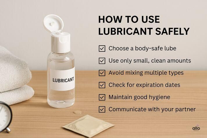 “Checklist infographic on how to use lubricant safely for erectile dysfunction — body-safe lube, right amount, avoid mixing types, check expiry, maintain hygiene, communicate — guiding readers asking can lube cause erectile dysfunction.”