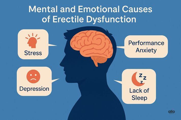 Brain aur dimaag ke andar stress, anxiety, depression aur neend ki kami jaise factors dikhaye gaye hain jo young men mein erectile dysfunction ke mental kaaran ban sakte hain.