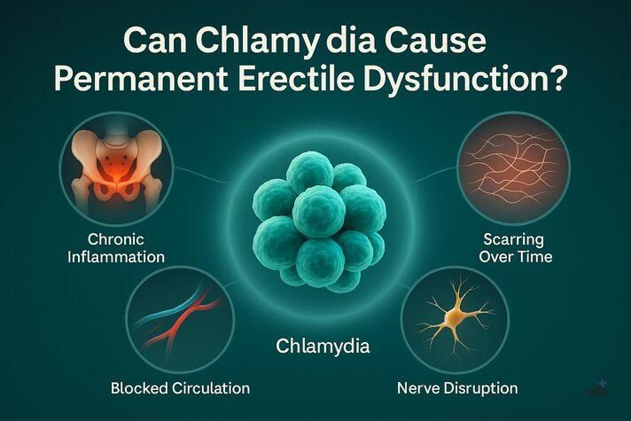 3D medical illustration focusing on Chlamydia trachomatis bacteria and showing how long-term infection can cause permanent erectile dysfunction through inflammation, scarring, and nerve damage.