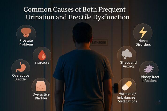 A 3D realistic image of a man standing in front of a bathroom door at night, surrounded by glowing floating icons representing prostate problems, diabetes, nerve disorders, and stress — showing the common causes of both frequent urination and erectile dysfunction.