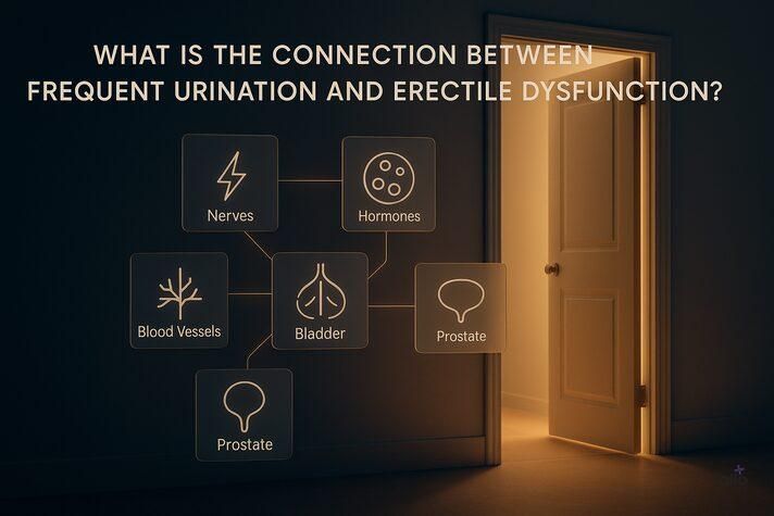 A 3D realistic scene showing a half-open bathroom door glowing with warm light, with floating medical icons and lines illustrating the connection between bladder, nerves, hormones, and blood flow — symbolizing the link between frequent urination and erectile dysfunction.