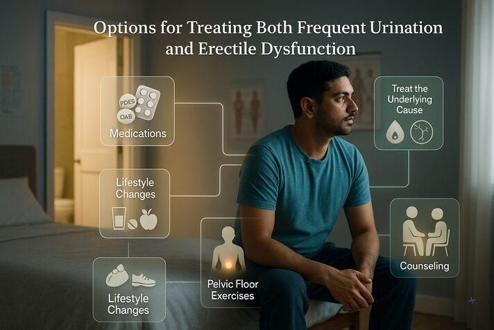 A realistic image of an Indian man sitting thoughtfully on a bed, surrounded by floating icons for medications, lifestyle changes, pelvic floor exercises, and counseling — illustrating different treatment options for frequent urination and erectile dysfunction.