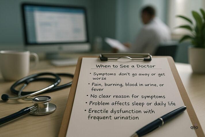 A realistic close-up of a doctor’s notepad on a clinic desk titled “When to See a Doctor,” listing symptoms like pain, blood in urine, and erectile dysfunction with frequent urination, surrounded by a stethoscope and coffee cup in a calm clinical setting.