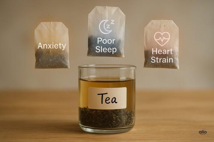 A glass jar labeled “Tea” with three hanging tea bags labeled anxiety, poor sleep, and heart strain — illustrating potential side effects of excessive tea for erectile dysfunction.