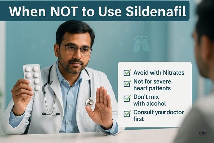 “Indian doctor patient ko sildenafil tablet samjhate hue, table par checklist likha hai — avoid with nitrates, not for severe heart patients, don’t mix with alcohol, consult doctor first — sildenafil tablet use in hindi ke liye informative image