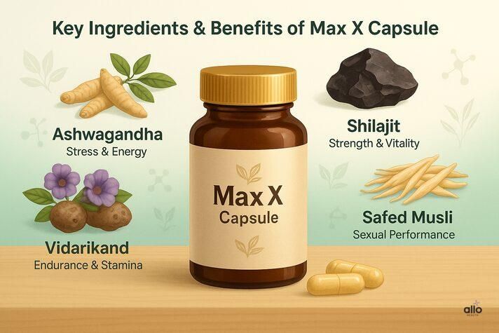 Max X Capsule ke mukhya Ayurvedic ingredients – Ashwagandha, Shilajit, Safed Musli, Vidarikand – ke health benefits dikhaye gaye hain.
