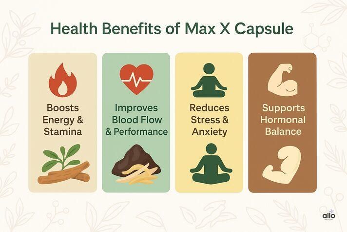 Max X Capsule ke fayde – energy aur stamina badhaye, blood flow sudhaye, stress kam kare, hormonal balance support kare.