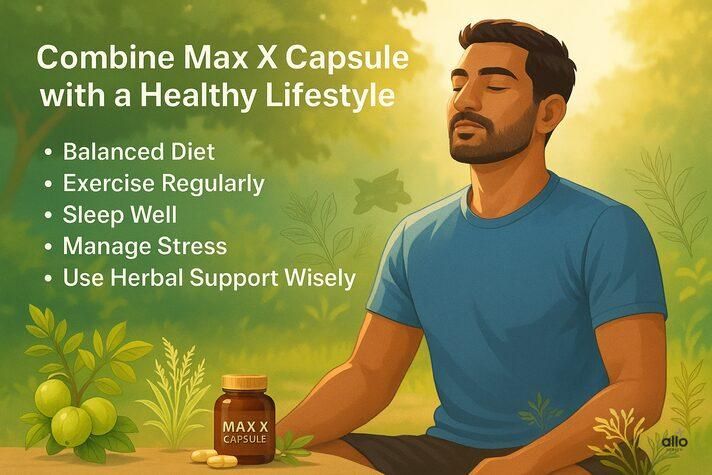 Fit Indian aadmi yoga karte hue, Max X Capsule ke saath healthy lifestyle tips – balanced diet, exercise, stress control.