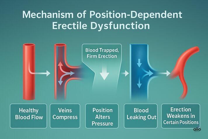 A 3D medical infographic showing how body position affects blood flow in position dependent erectile dysfunction, illustrating venous leakage and reduced erection firmness through color-coded arterial and venous flow arrows.