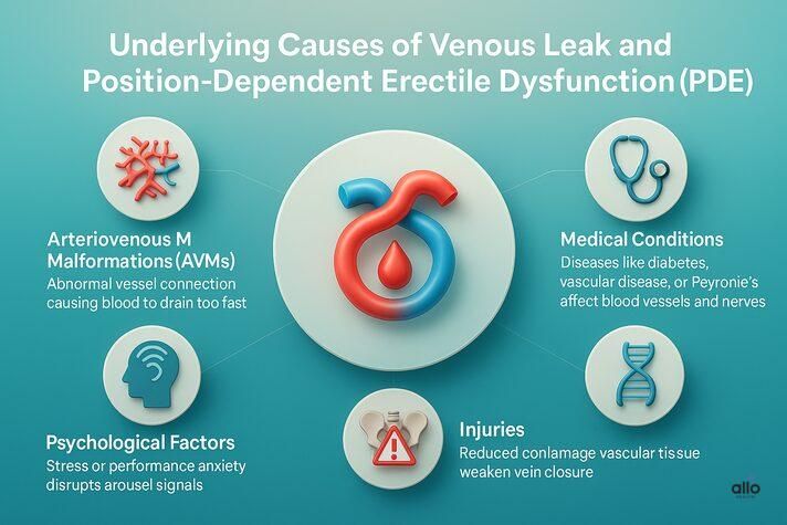 A realistic medical infographic explaining the underlying causes of position dependent erectile dysfunction, highlighting arteriovenous malformations, medical conditions, injuries, aging, and psychological factors around a central vascular diagram.