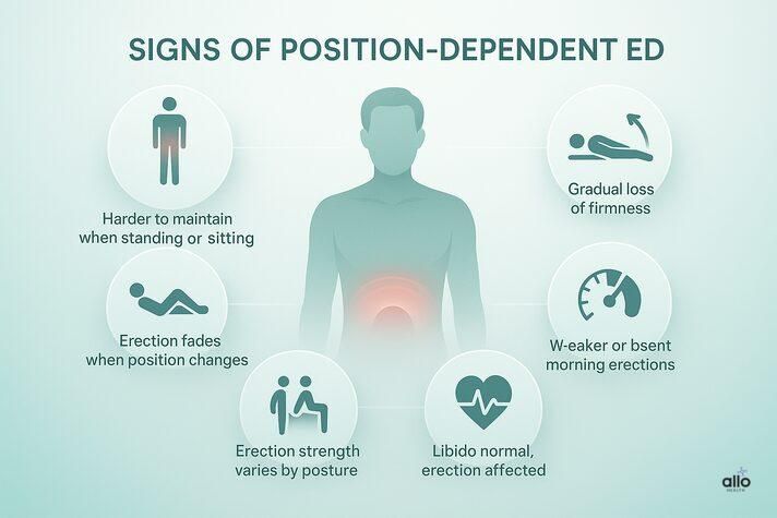 A 3D realistic infographic showing the common signs of position dependent erectile dysfunction, including erection loss in certain postures, gradual softening, reduced morning erections, and normal libido.