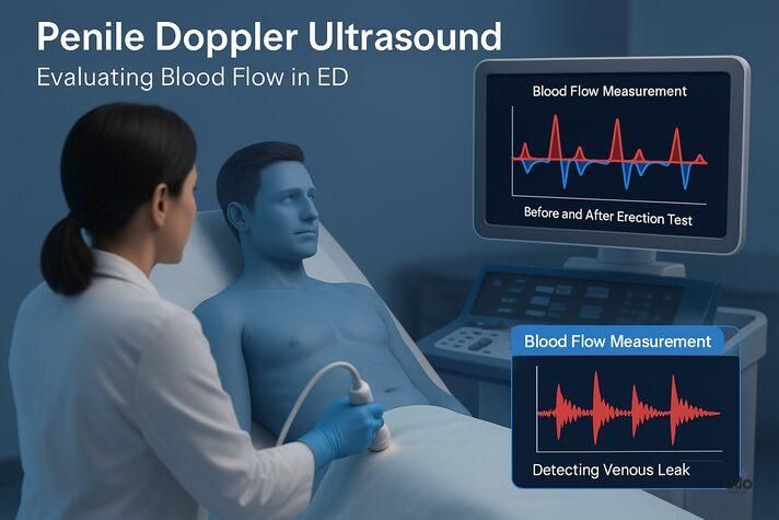 A realistic medical illustration of a doctor performing a penile Doppler ultrasound to assess blood flow changes related to position dependent erectile dysfunction, showing a Doppler screen with color blood flow patterns.