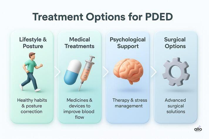 A clean 3D medical infographic summarizing treatment options for position dependent erectile dysfunction, covering lifestyle correction, medical therapy, psychological support, and surgical procedures.