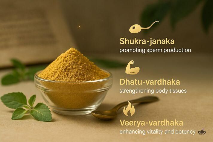Swarna bhasma for erectile dysfunction shown as golden powder in a bowl with Ayurvedic herbs, symbolizing natural support for men’s sexual health.