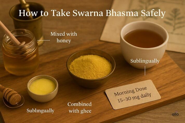 How to take swarna bhasma for erectile dysfunction safely, shown with honey, ghee, and herbal tea on an Ayurvedic setup.