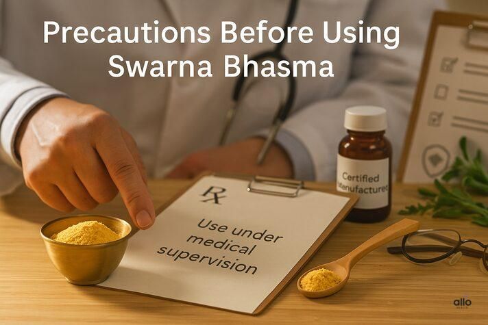 Precautions for using swarna bhasma for erectile dysfunction illustrated on a doctor’s consultation table with prescription and certified product.