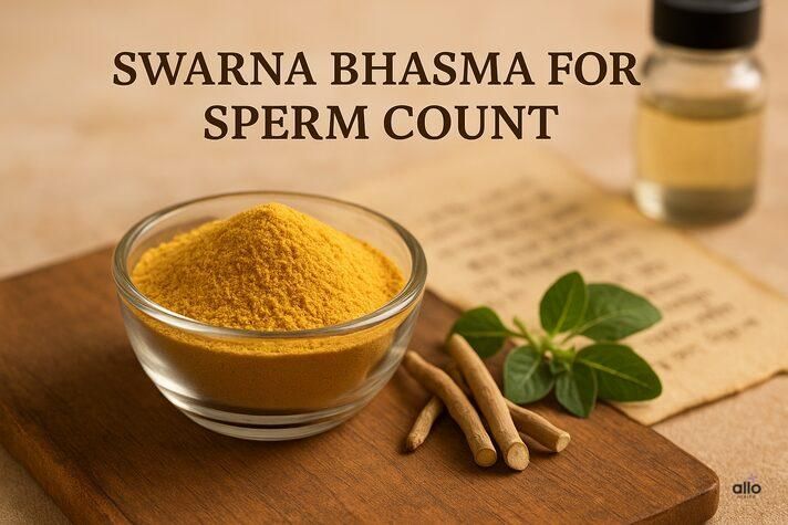 Swarna bhasma for erectile dysfunction with gold specks highlighting benefits: enhances blood flow, boosts testosterone, reduces stress, supports immunity.