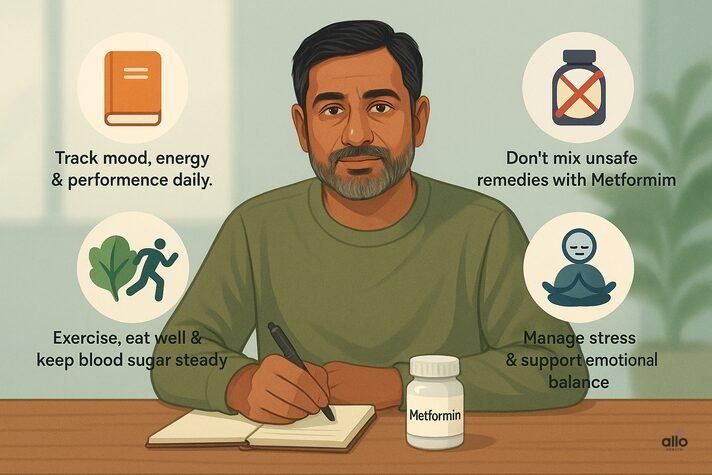 Infographic showing does metformin cause erectile dysfunction management tips with Indian man, Metformin pills, and icons for monitoring, safe use, lifestyle, and mental health.