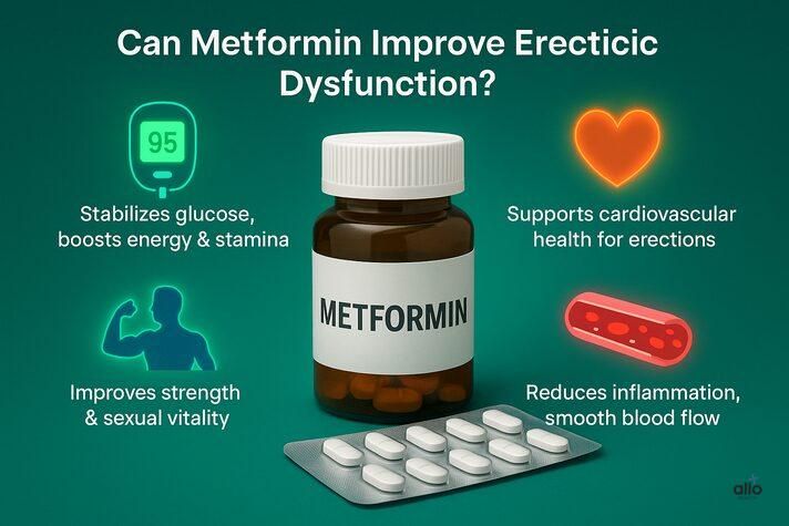 Educational graphic on does metformin cause erectile dysfunction or improve it, with Metformin tablets surrounded by icons for blood sugar control, heart health, energy, and blood flow.