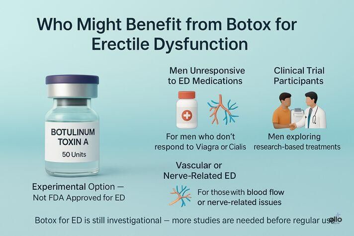 “3D infographic explaining who might benefit from Botox for erectile dysfunction, including men unresponsive to medications, those with nerve or blood flow issues, and clinical trial participants.”