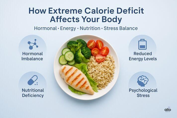 A visual showing hormone icons and stress effects around a male silhouette, explaining how hormonal imbalance from dieting relates to the question can a calorie deficit cause erectile dysfunction.