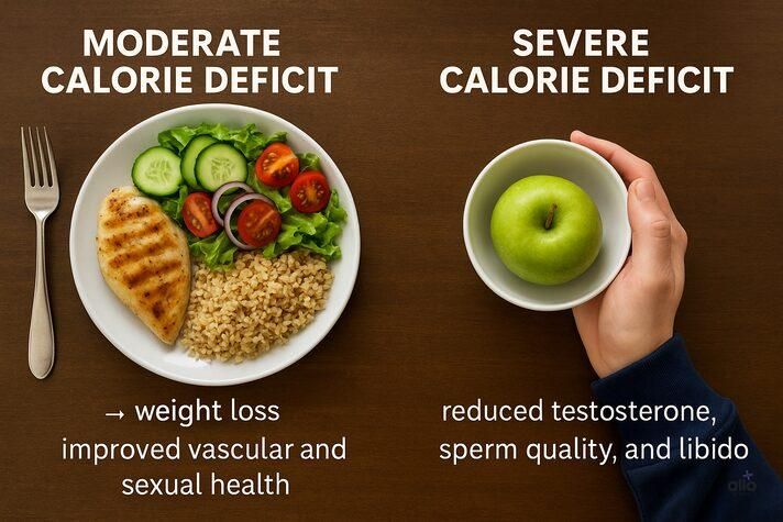 A split-screen comparison of a healthy balanced diet versus an extreme calorie restriction, visually explaining how the intensity of dieting impacts erections and addresses can a calorie deficit cause erectile dysfunction.