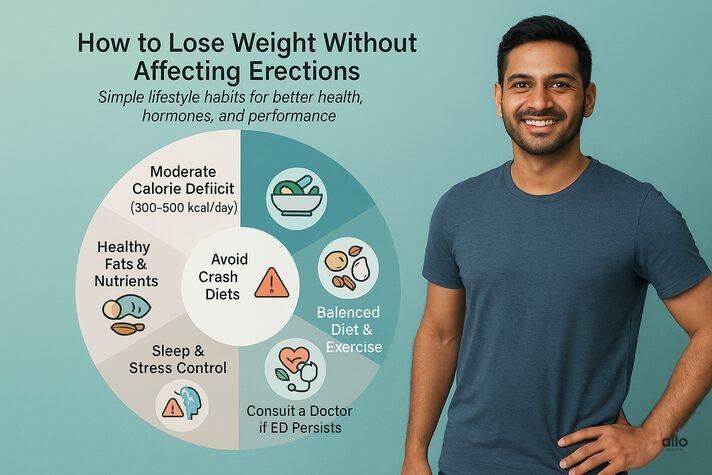 A realistic infographic featuring an Indian man beside a circular chart showing six healthy lifestyle tips, reinforcing that moderate dieting answers the concern can a calorie deficit cause erectile dysfunction.