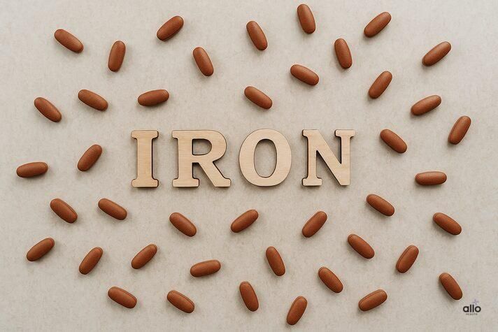 Wooden letters spelling “IRON” surrounded by iron supplement tablets, representing low iron erectile dysfunction and iron deficiency awareness. 