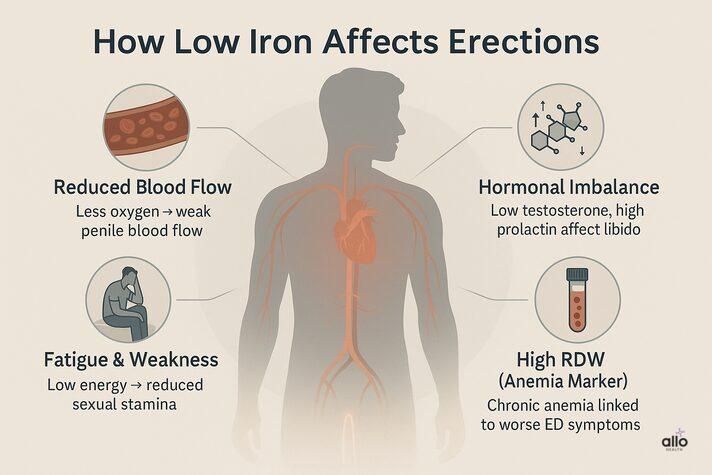 infographic explaining how low iron erectile dysfunction occurs through reduced blood flow, hormonal imbalance, fatigue, and anemia.