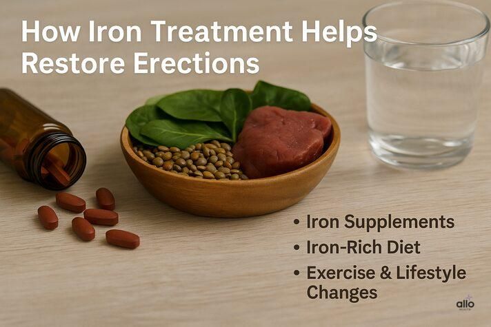 photo showing iron supplements, spinach, and red meat with glass of water, illustrating treatment for low iron erectile dysfunction.
