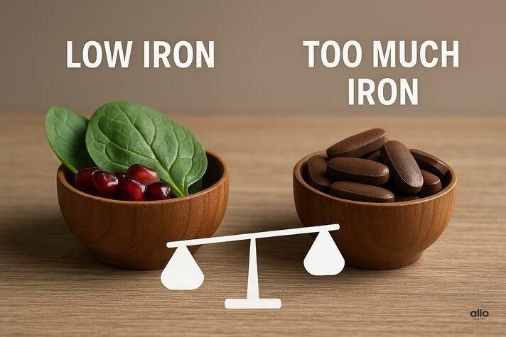 comparison image showing bowls labeled low iron and too much iron, symbolizing balance in managing low iron erectile dysfunction.
