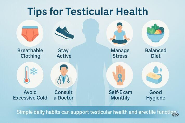 Health infographic with icons for breathable clothing, diet, hygiene, and exercise promoting better circulation and prevention of cold testicles erectile dysfunction.
