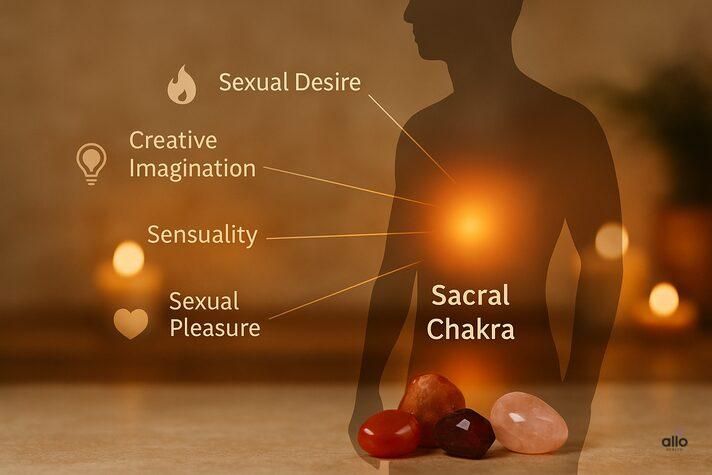 “realistic educational image showing sacral chakra glow in male pelvic area with labels for sexual desire, creativity, sensuality, and pleasure, surrounded by crystals that prevent erectile dysfunction”