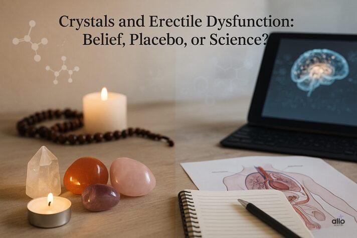 “realistic split image comparing belief and science behind crystals that prevent erectile dysfunction, showing gemstones and candles on one side and anatomical research on the other”