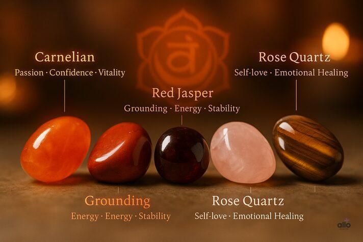 “macro photo of carnelian, red jasper, garnet, rose quartz, and tiger’s eye stones labeled with benefits for passion, grounding, and emotional healing, representing crystals that prevent erectile dysfunction”