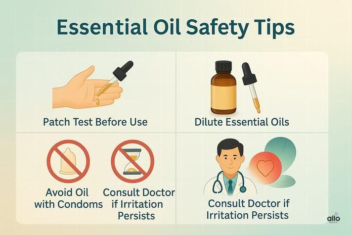 Essential oil use karne se pehle patch test karein, dilute karein aur condom ke saath oil na lagayein.